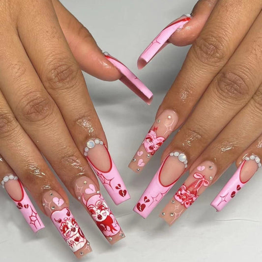 Long Matte PVC Nails with Valentine's Pink Heart Design