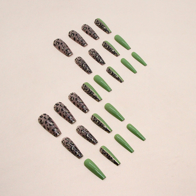 Long Olive Green Leopard Print Ballet Nails, Ins Style