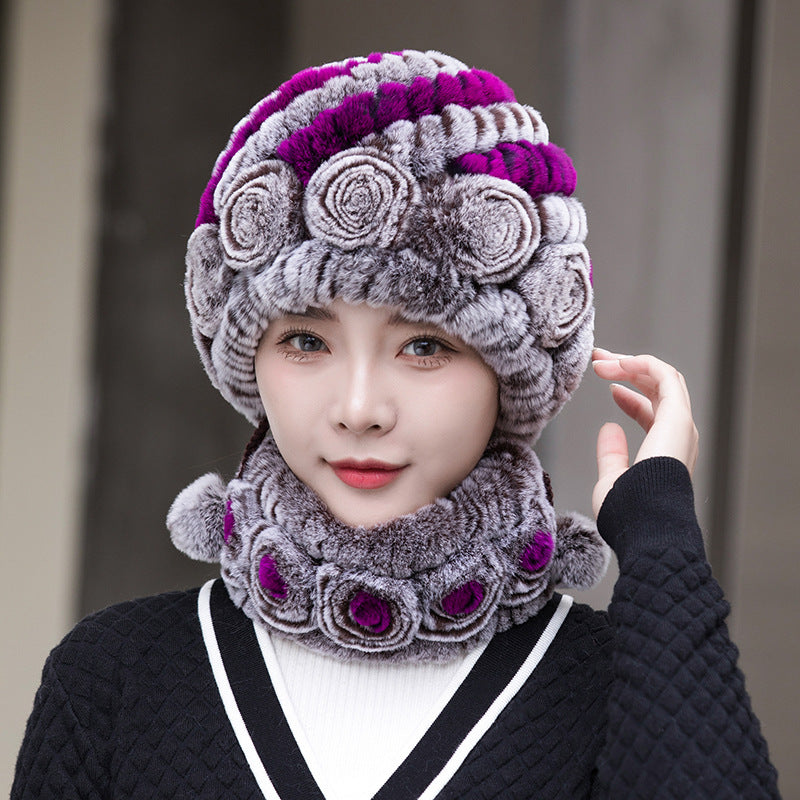 Warm Real Rabbit Fur Ear Flap Hat & Scarf Set