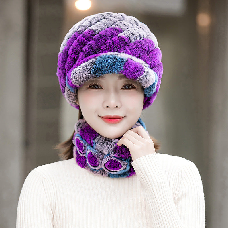 Warm Real Rabbit Fur Cap & Scarf Set - Stylish Winter Wear