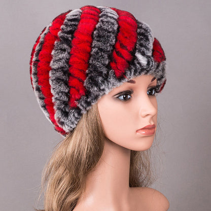 Real Rabbit Fur Knit Winter Hat - Warm Earmuffs Included"