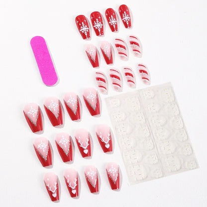 Christmas Snowflake Red Striped Long Nail Tips