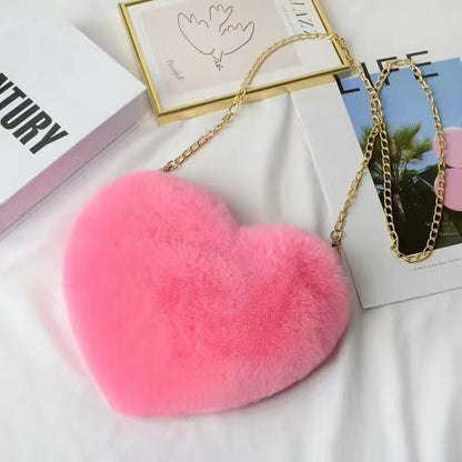 Fashionable Faux Fur Heart-Shaped Chain Crossbody Bag