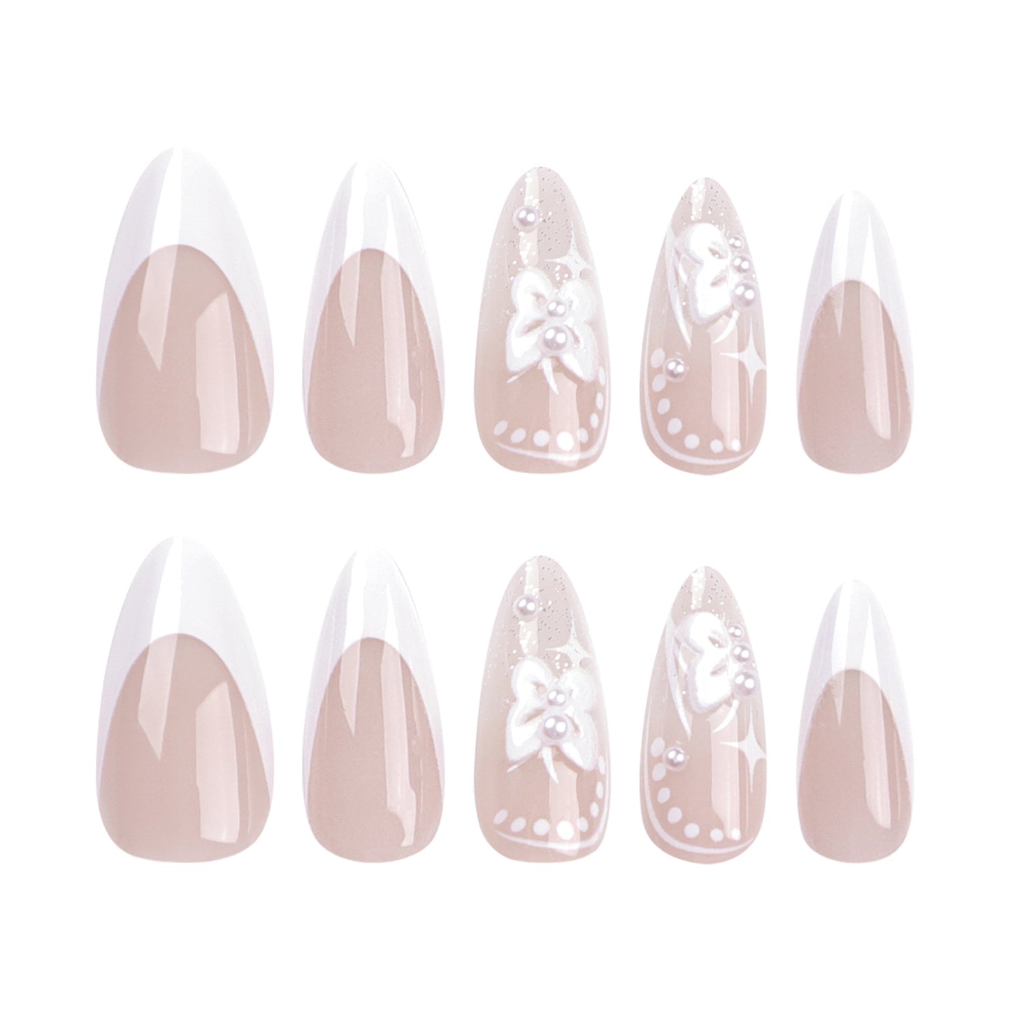 3D Bow White French Nail Art Tips, Trendy Red Star Glamour-Homeunderwear