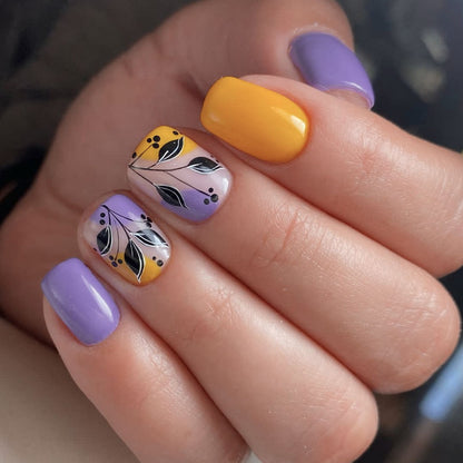 Spring Summer Purple Yellow Floral Print Detachable Fake Nails-homeunderwear