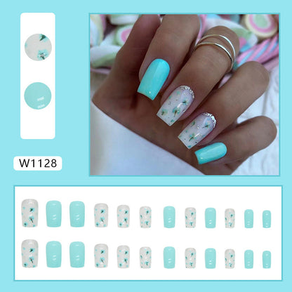 Square Green Summer Floral Nails, INS Style, Versatile Fit