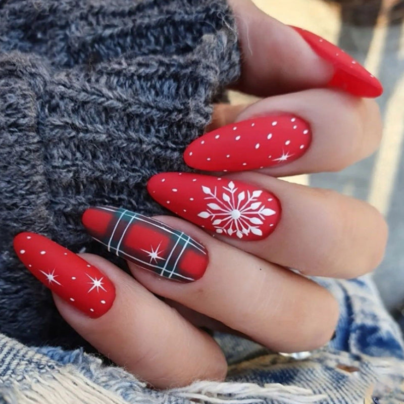 Long Oval Christmas Nail Tips with Winter Designs