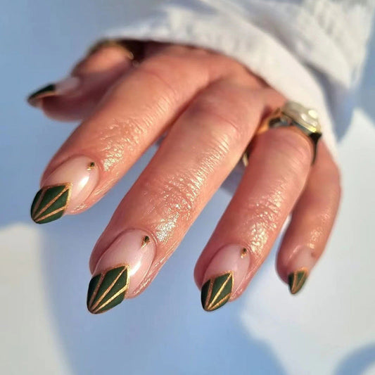 Glamorous Emerald Green French Nail Art with Gold Trim