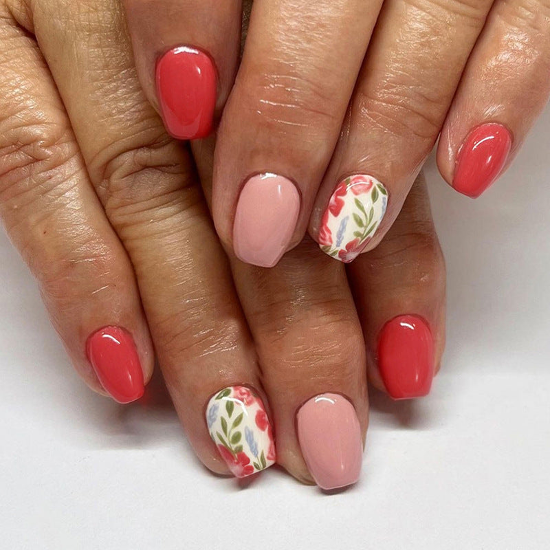 Early Autumn Soft Tangerine Red Flower Retro Nails