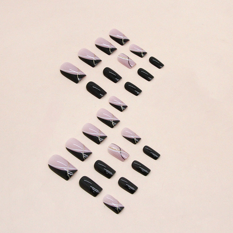 Mid-Length Euro Square Fake Nails Black White Ombre Classic Double Line French Nails-homeunderwear