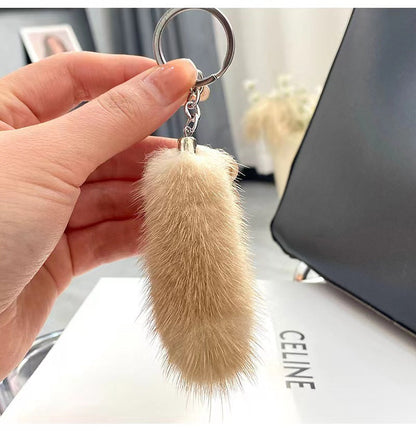 Cute Mini Real Mink Fur Tail Keychain Car Accessory