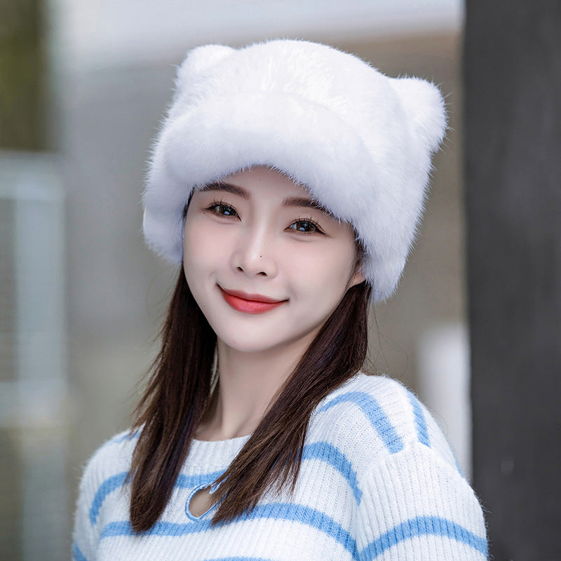 Winter Cute Rabbit Fur Cap with Cat Ears