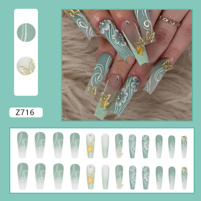 Long Ballet Nails in Matcha Green Gradient with Gold Butterflies