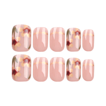 Yiwu Nude Flower Nail Art Tips with Gold Lines, Wearable Nails-Homeunderwear