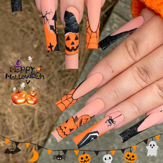 Long Water Pipe Halloween Nails with Pumpkin and Midnight Design