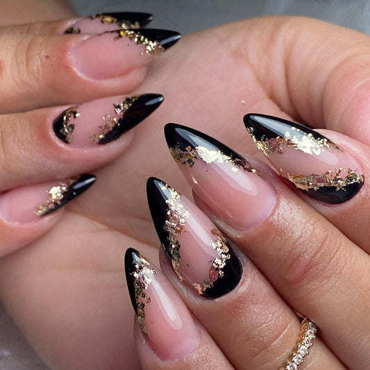 Trendy Black French Nail Stickers with Irregular Gold Foil