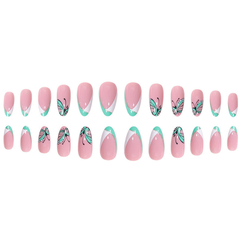 Almond Green White Butterfly French Nail Extensions