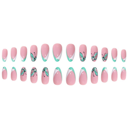 Almond Green White Butterfly French Nail Extensions