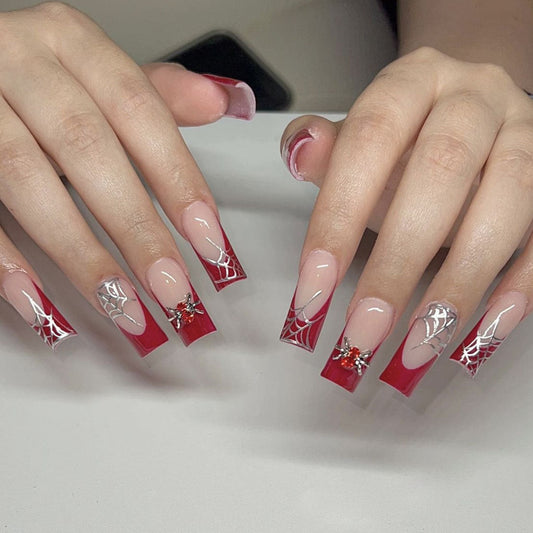 Halloween Simple Red French Spider Web Inlaid Red Metal Spider Detachable Nails