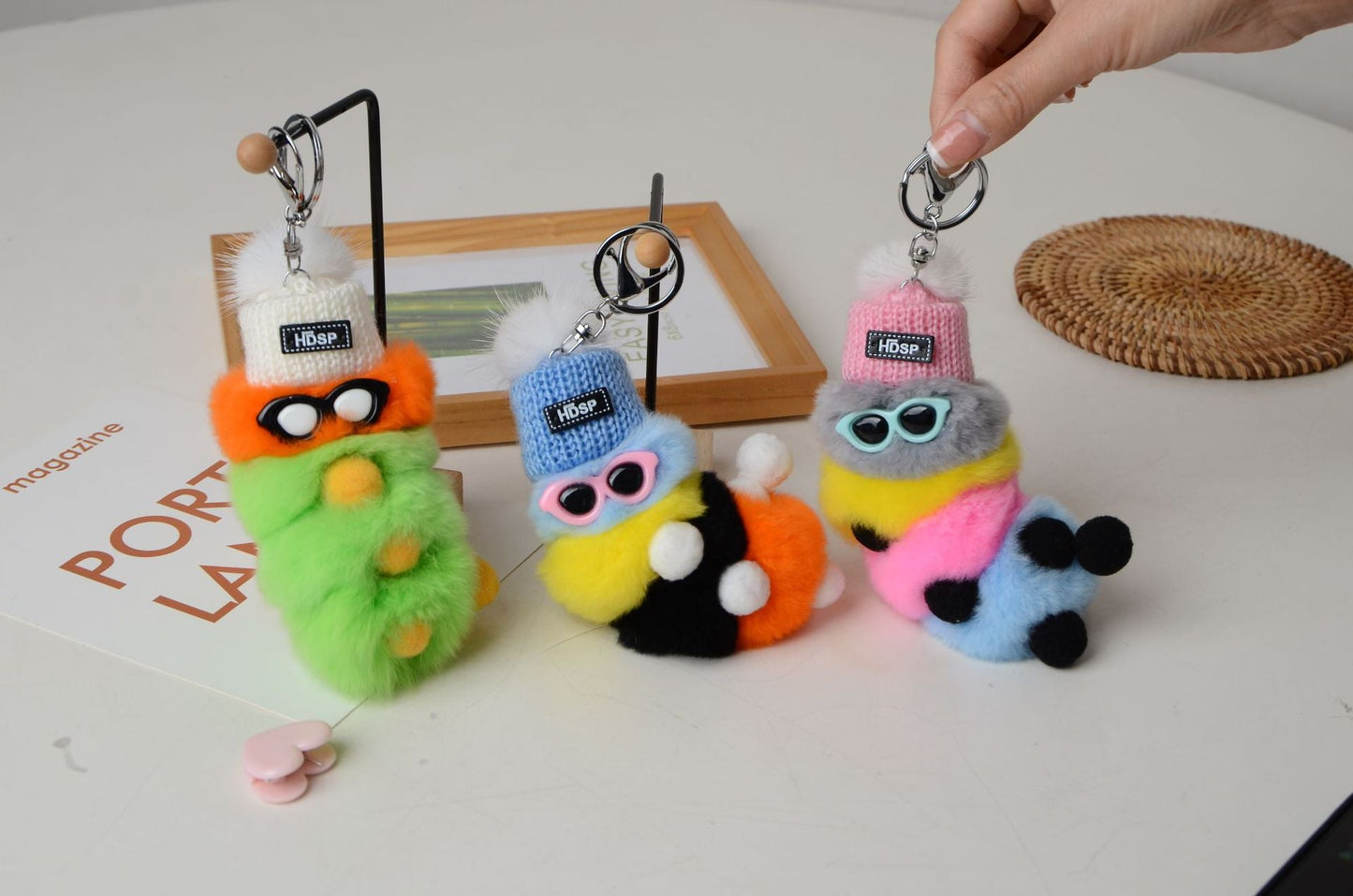 Cute Fuzzy Caterpillar Keychain - Faux Fur Accessory