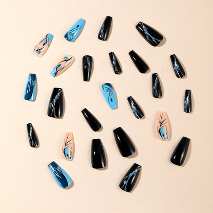 Short T-Shape Black Blue Irregular Stripe Plant Flower Press-On Nails