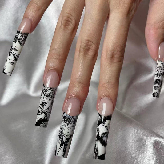 XXL Black and White Cartoon Horror French Nails