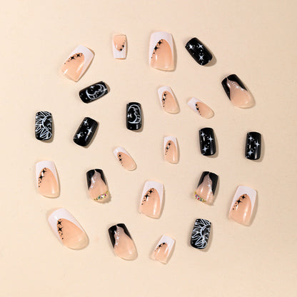 Square Black White Star Moon Diamond Gold Bead Nails