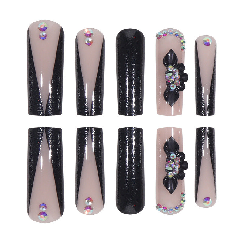 V-Shaped French Black Nail Tips with Sparkly Decor