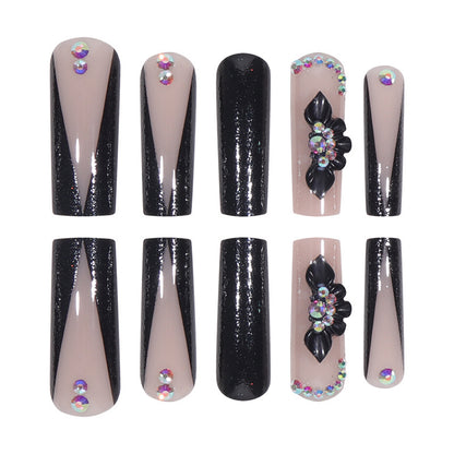 V-Shaped French Black Nail Tips with Sparkly Decor