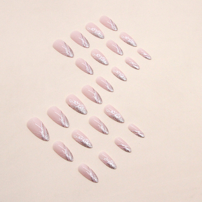 Almond Shape Soft Pink Nails, Shiny Slanted French Design