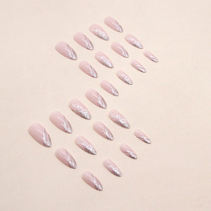 Almond Shape Soft Pink Nails, Shiny Slanted French Design