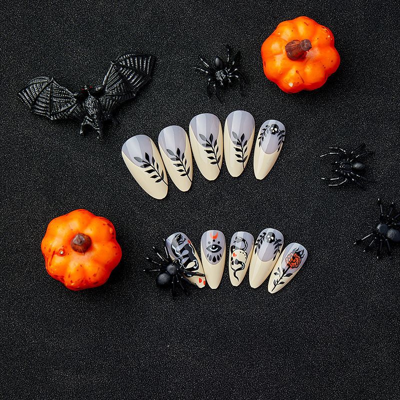 Dark Snake Rose Nails Black Almond Sweet Cool Euro Fashion Halloween Fake Nails-homeunderwear