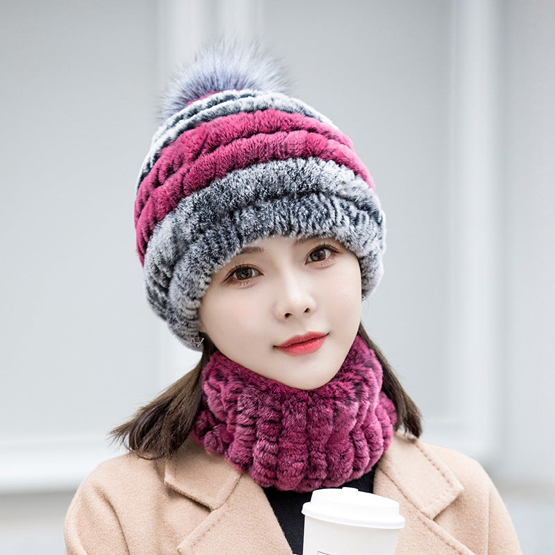 Warm Real Rabbit Fur Ear Flap Hat & Scarf Set