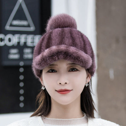 Warm Mink Fur Hat - Fox Pom Pom Baseball Cap