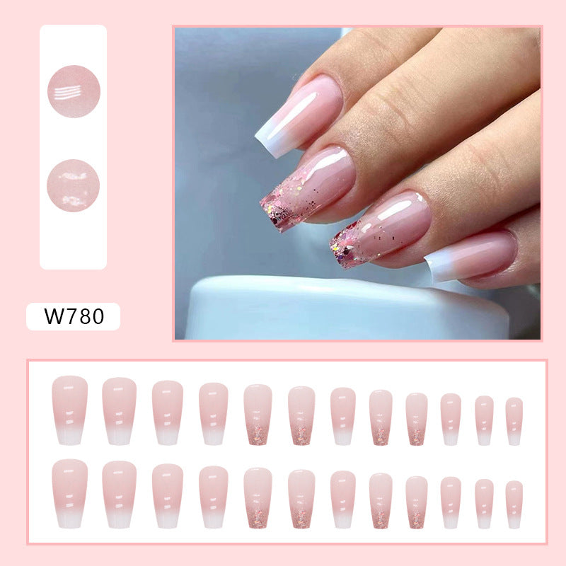 Mid-Length Ballet Nails, Gradual White French with Pink Glitter