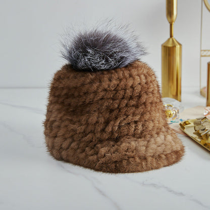 Stylish Mink Fur Cap with Fox Pom Pom - Winter Accessory