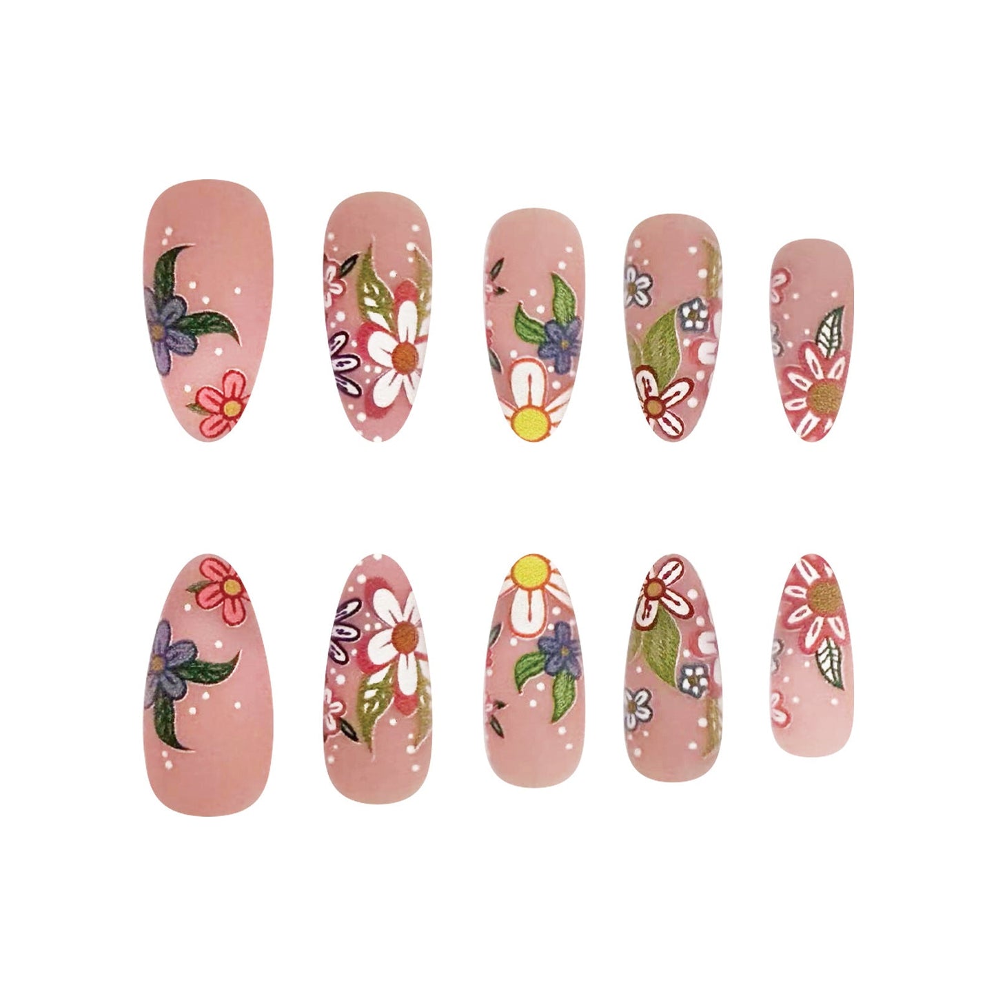 Spring Summer Floral Polka Dot Pink Matte Almond Nail Tips