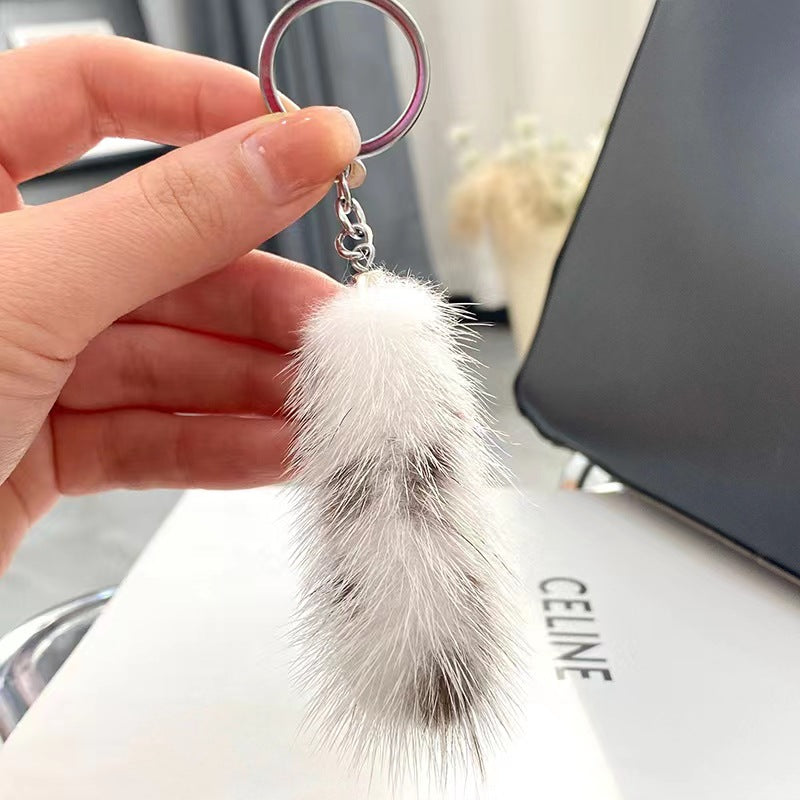 Cute Mini Real Mink Fur Tail Keychain Car Accessory