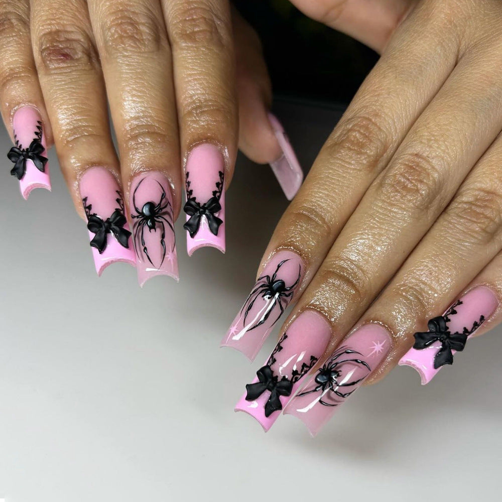 Pink Transparent Long Waterline Black Widow Spider French Nail Tips