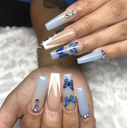 Blue Butterfly V-Shaped French Nail Extensions, Ins Style