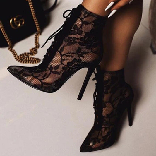 Fashion Breathable Mesh Lace Pointed High Heel Sandals