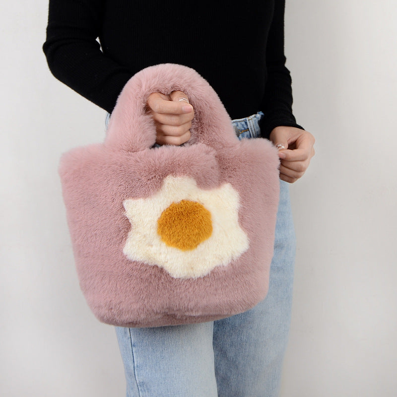 Fashionable Fried Egg Sunflower Plush Tote Bag