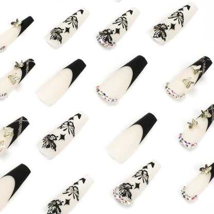 Long Minimalist Black-Edge French Nail Art Tips with Butterfly Rhinestones-Homeunderwear