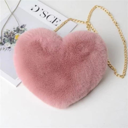 Fashionable Faux Fur Heart-Shaped Chain Crossbody Bag