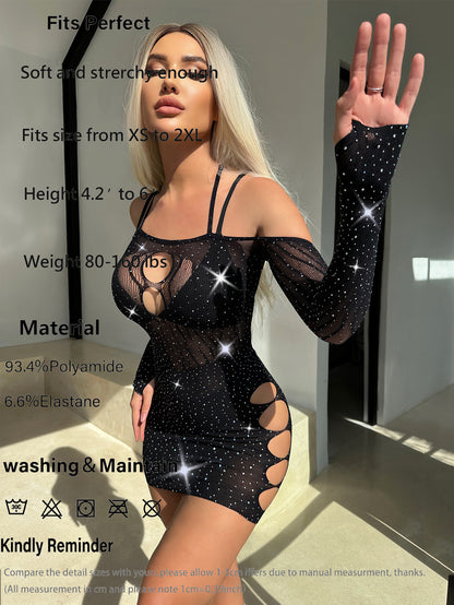 Sexy Hollow Striped Hot Diamond One-piece Suspender Rhinestone Hip Skirt Sexy Underwear