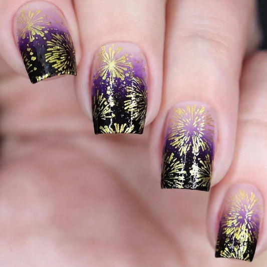 Golden Fireworks New Year Black Purple Gradient Nail Tips