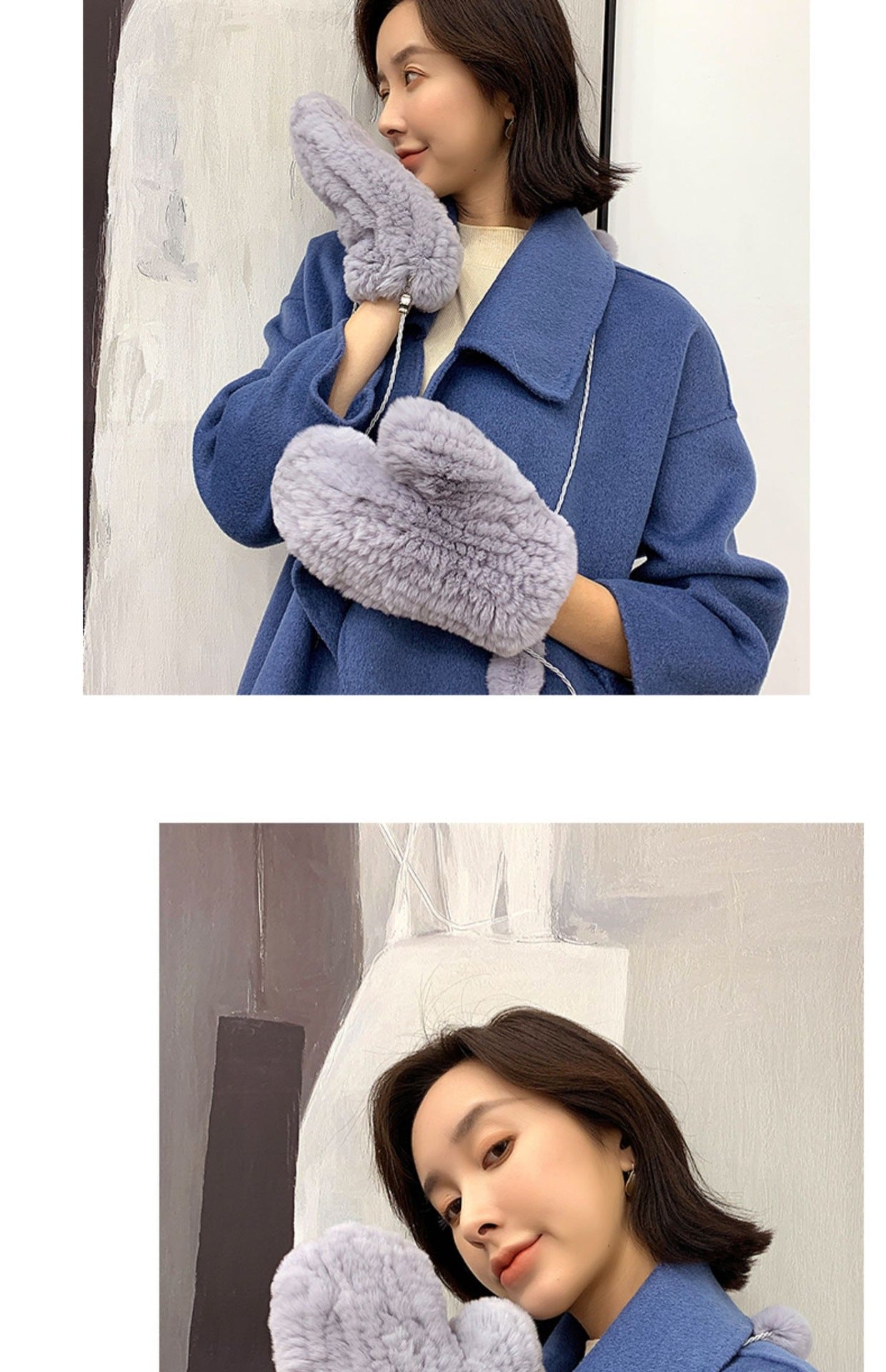 Cute Real Rabbit Fur Mittens - Winter Neck Strap Gloves"