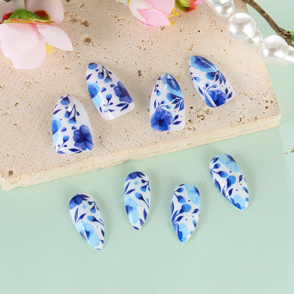 Sweet Cool Girl Luxe Ins-Style Blue-and-White Flower Waterdrop Nails