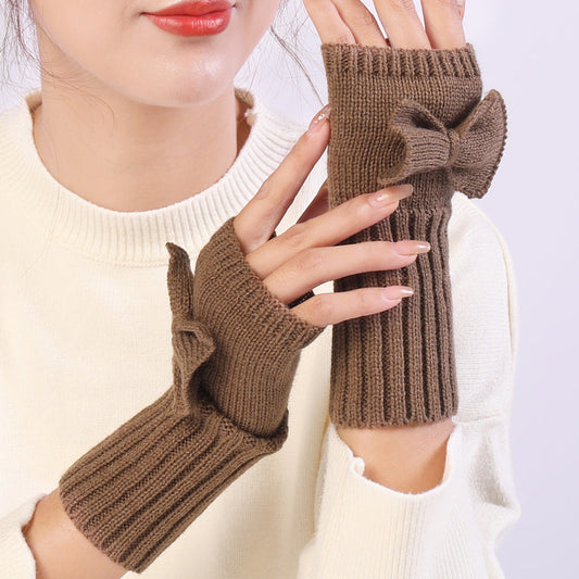 Wool Half Finger Bow Gloves