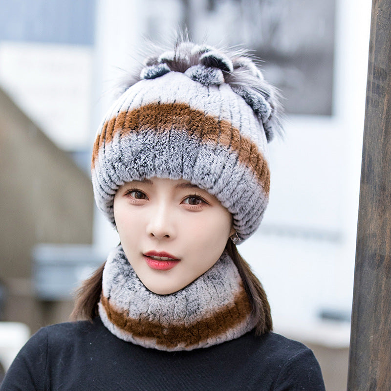 Warm Real Rabbit Fur Ear Flap Hat & Scarf Set